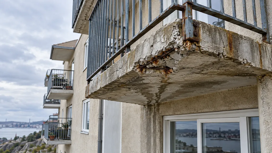 Betongskadad balkong med sprickor, rostig armering och fuktspår på ett flerbostadshus i Göteborg.
